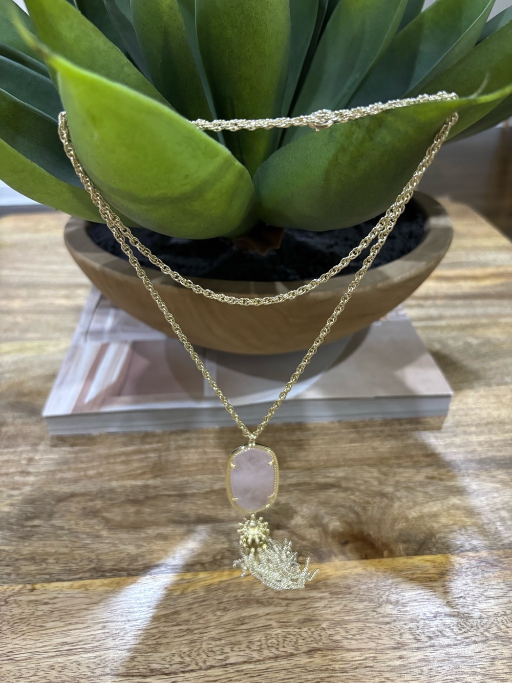 Kendra Scott Golden Tassel Pendant Necklace with Rose Quartz Stone